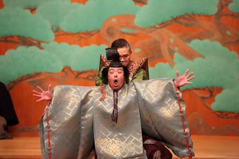 A scene from a Sign Language Kyogen performance. On stage, a performer in a flamboyant traditional Japanese costume makes a surprised expression with outstretched arms